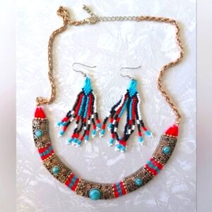 Beaded Necklace and Earrings Red & Turquoise